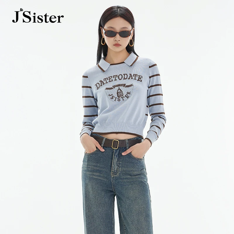 jsister秋季新款针织衫 JS女装时尚浅蓝条纹上衣