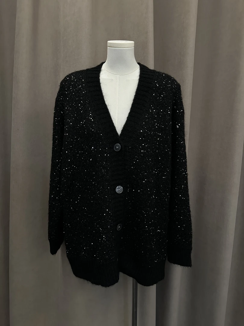 灰色V领针织开衫爆闪毛衣外套女秋冬新款百搭上衣