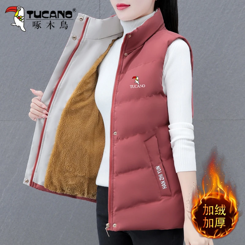 【官方正品】啄木鸟冬季女士马甲加绒加厚2024新款洋气短款立领外套