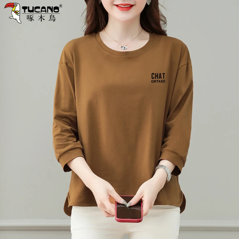 啄木鸟圆领卫衣女秋季新款时髦春秋休闲宽松大码薄款七分袖打底衫