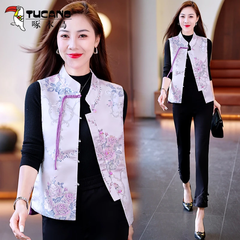 啄木鸟新中式国风马甲女2025年新款秋季盘扣无袖背心时尚外搭马夹