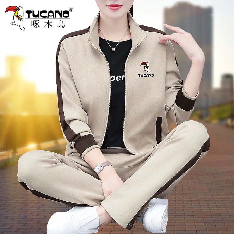 啄木鸟运动套装女装2025新款爆款秋季洋气开衫妈妈装休闲服三件套