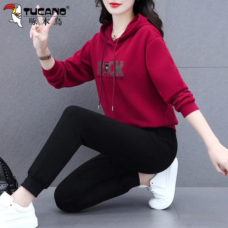 【官方正品】啄木鸟运动服套装女春秋2025新款妈妈洋气休闲两件套