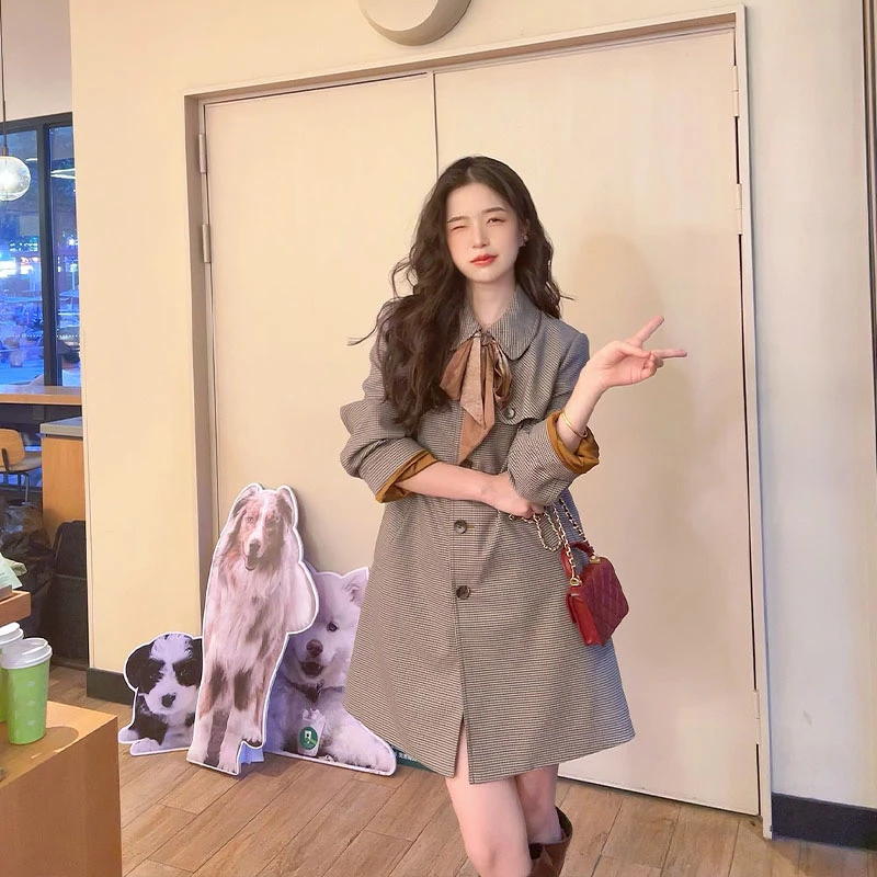 GIRDEAR/哥弟「英伦置办」时尚宽松格子翻领千鸟格格纹风衣1400763