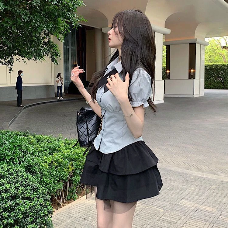 夏季新款jk制服女学院风修身收腰上衣泡泡短袖衬衣半身蓬蓬短裙子