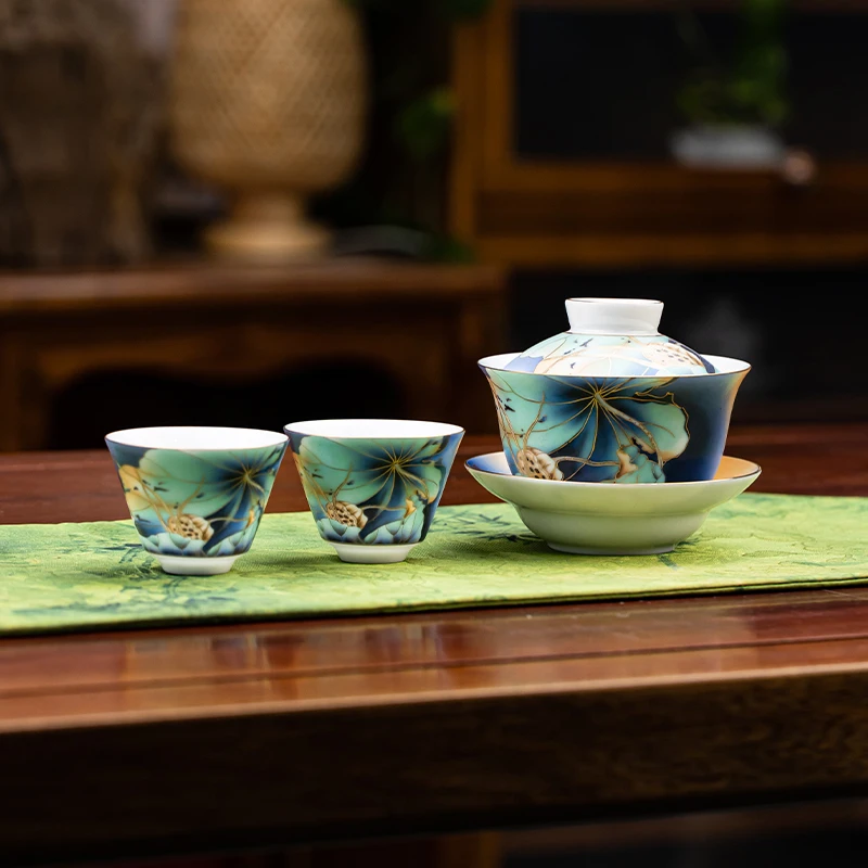 成艺  荷悦三才盖碗茶杯功夫茶具套装陶瓷家用送礼泡茶套组礼盒装