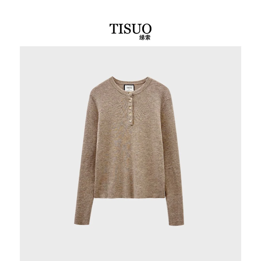 TISUO/绨索亨利领羊毛细坑条针织打底衫 TS312618