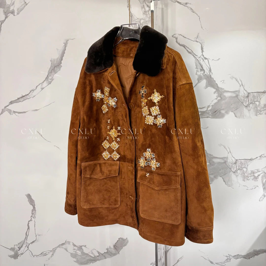 高定手工刺绣可拆卸毛领秋冬山羊绒皮外套【含羽绒内胆】2435