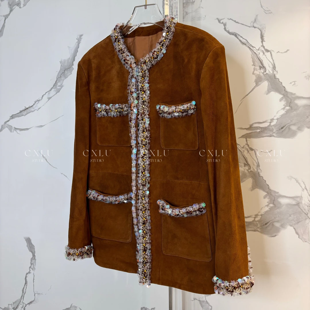 定制山羊绒绒面皮全手工刺绣精致重工奢华千金外套2434