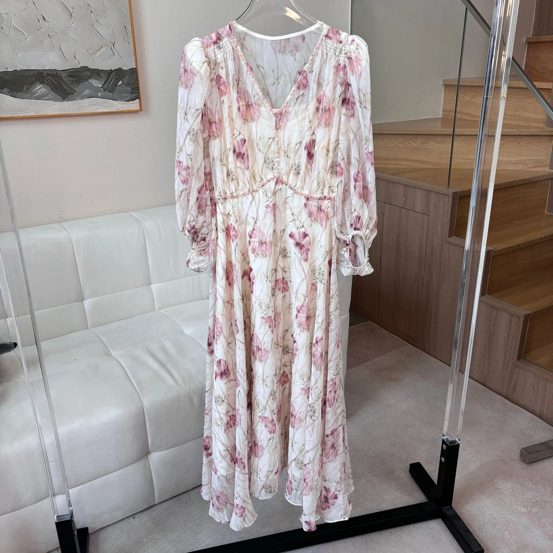 【玫瑰丝语】浪漫轻盈大摆钉珠V领显白梦幻连衣长裙#2286