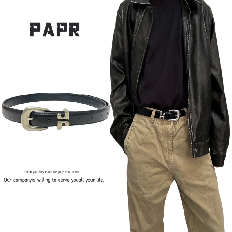 PAPR头层牛皮异形介指箭尾夹镀金属扣cleanfit复古自然纹皮带腰带