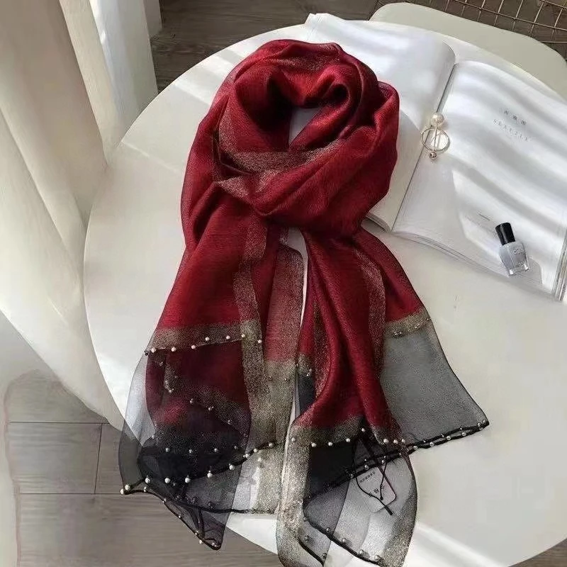 A812 枣红色钉珠款 刺绣桑蚕丝羊毛围巾丝巾披肩通用