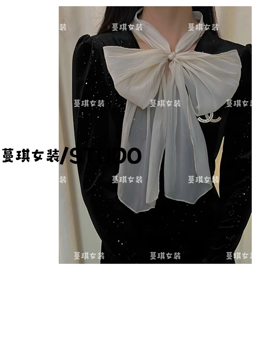 黑色丝绒钻片千金连衣裙设计感立体蝴蝶结显瘦百搭2023秋冬new