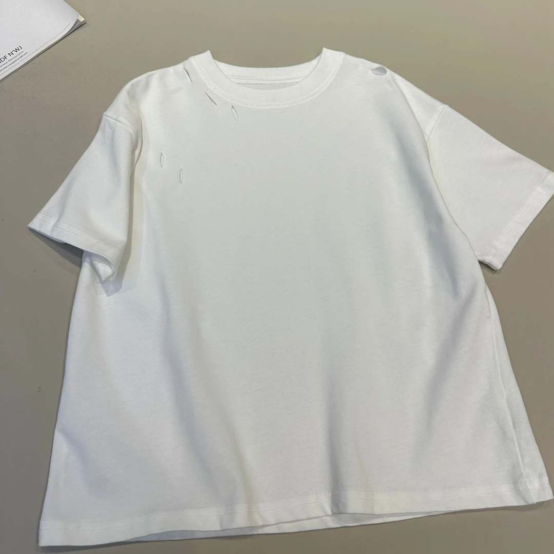 男童短袖t恤白色破洞圆领半袖男童夏装简约半截袖     9023