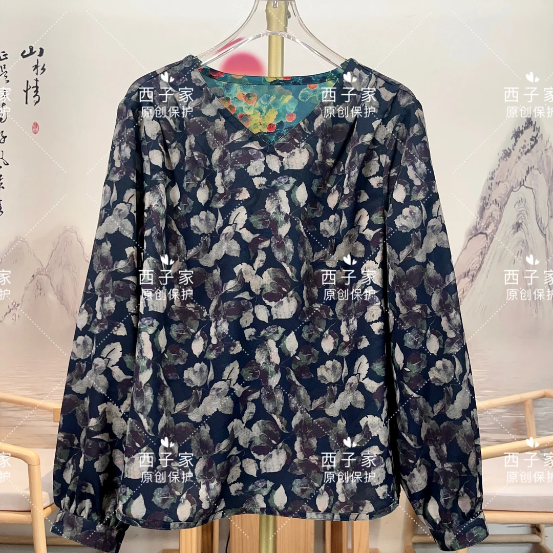 西子家  复古绿海藻花褐色树叶单层双面双穿长袖小衫