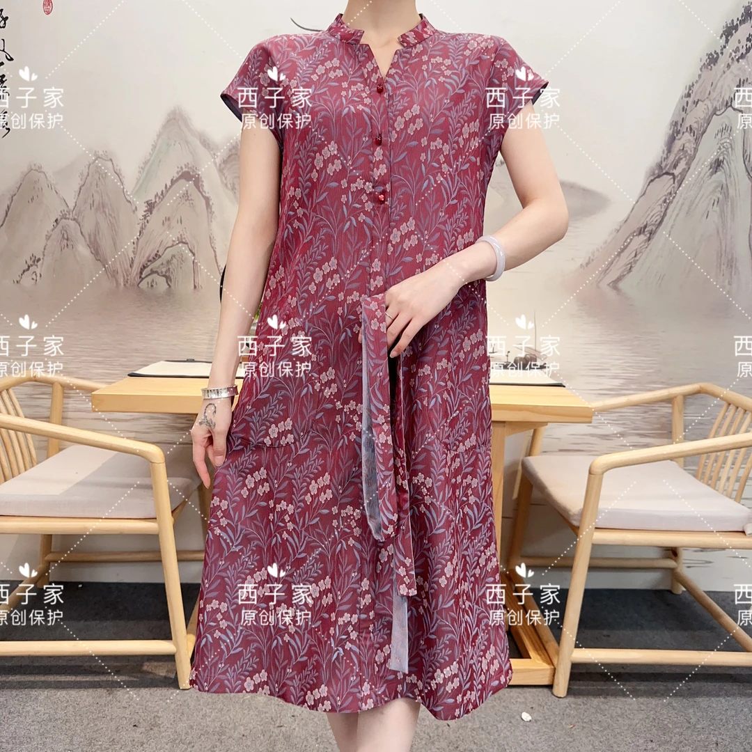 西子家 柳叶粉桃织锦提花单层双面双穿连衣裙