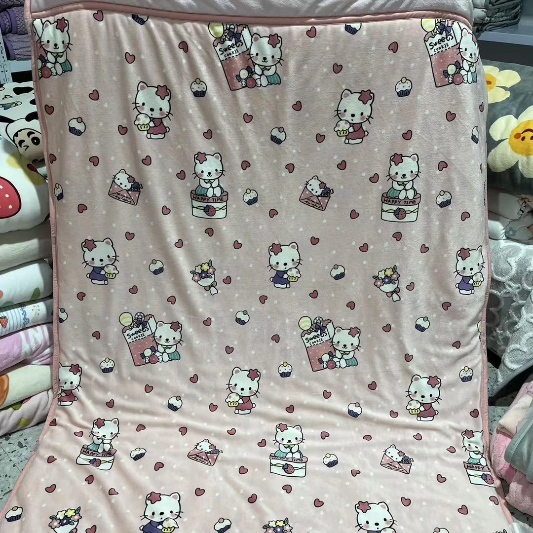 爱心猫咪时尚1.5*2.0被子双面亲肤灰色印花包边凉感绗缝奶绒