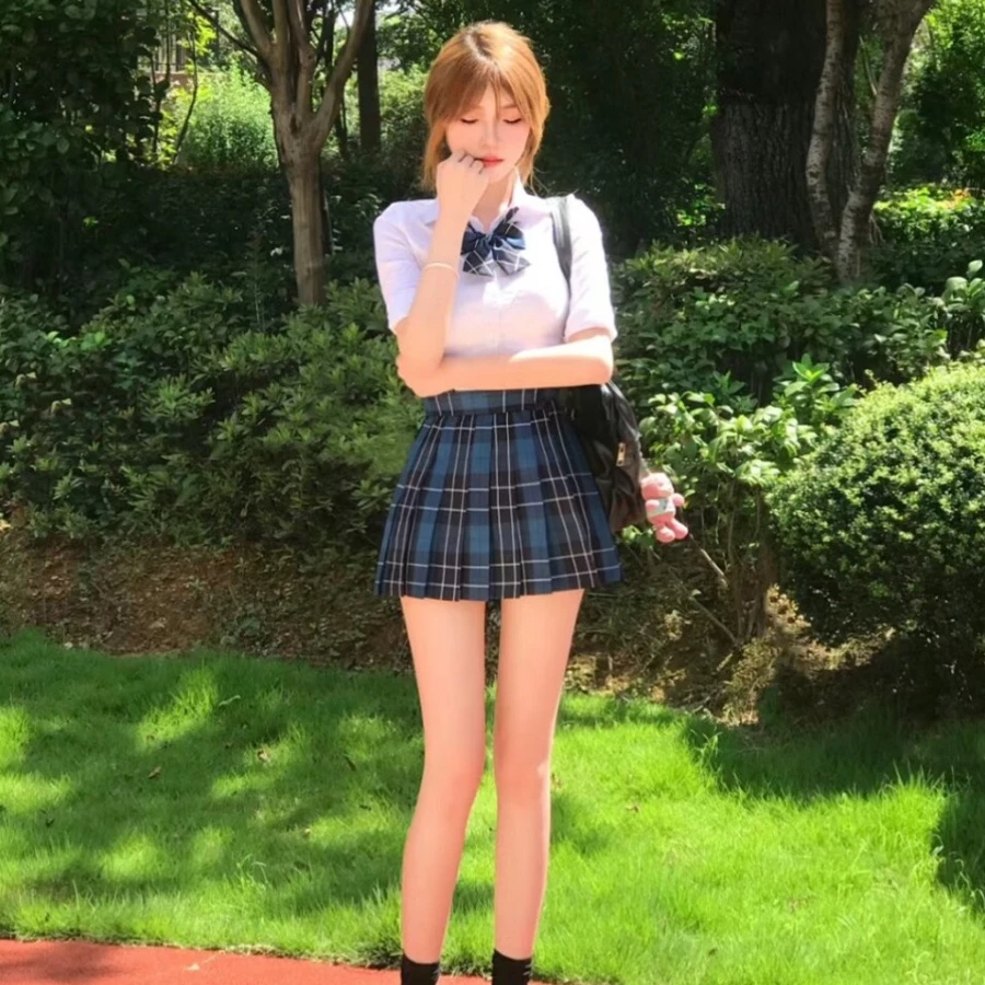 JK制服收腰白色衬衫辣妹纯欲风修身短袖衬衣百褶裙套装女夏季新款