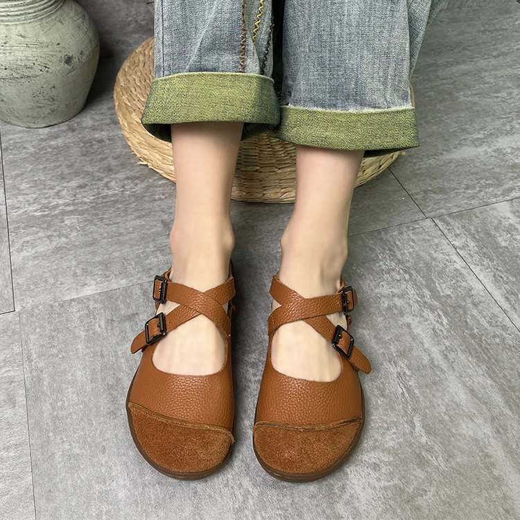 2023新款复古文艺森系圆头真皮舒适百搭女鞋WR333夏季软底妈妈鞋