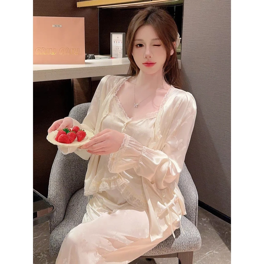 西米【香水百合】春夏三件套长袖显瘦薄款气质透气显白外穿睡衣女