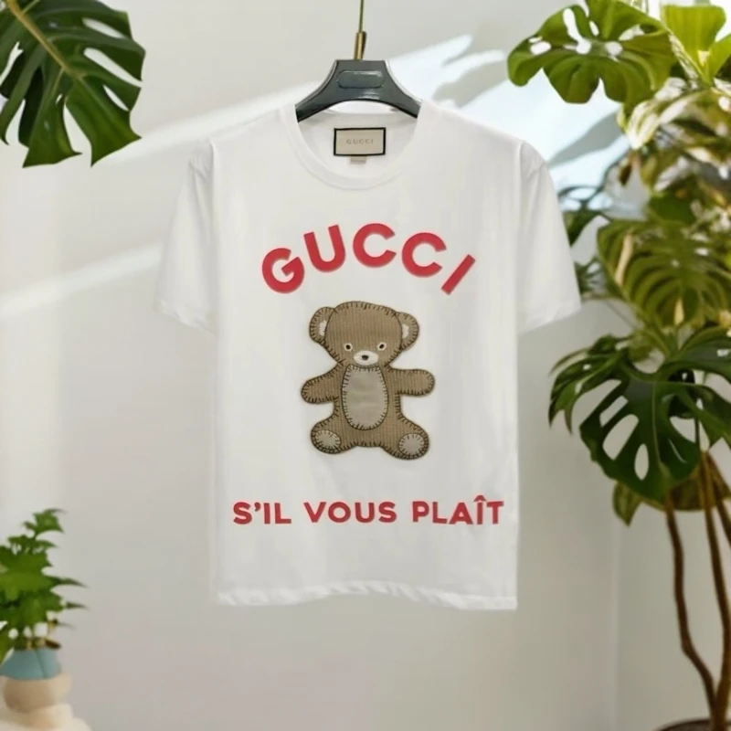 全新未使用 GUCCI/古驰 卡通小熊刺绣Logo圆领短袖T恤 女款 白色