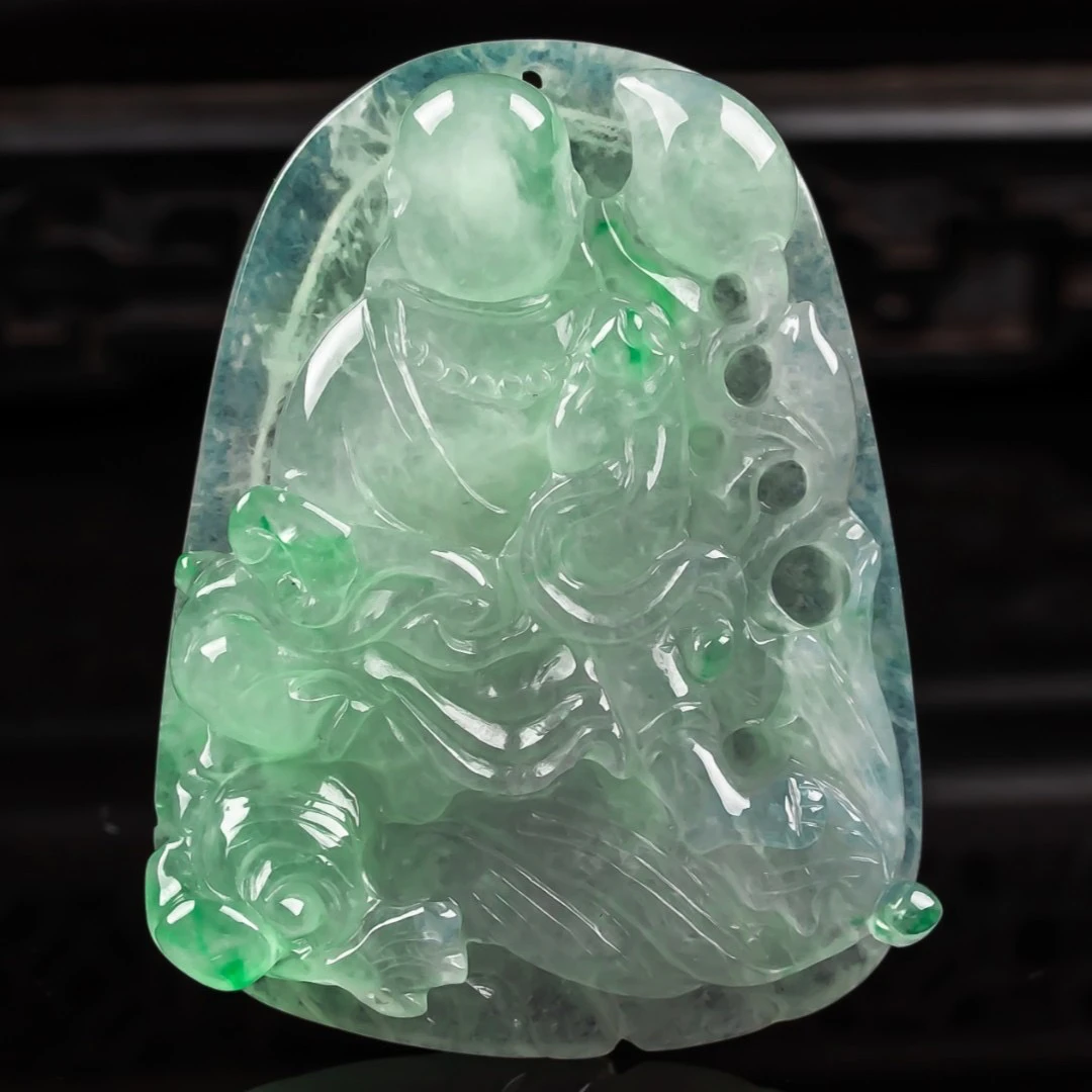 缅甸天然翡翠A货冰糯飘绿无相佛玉吊坠精雕细腻玉石首饰挂件礼物