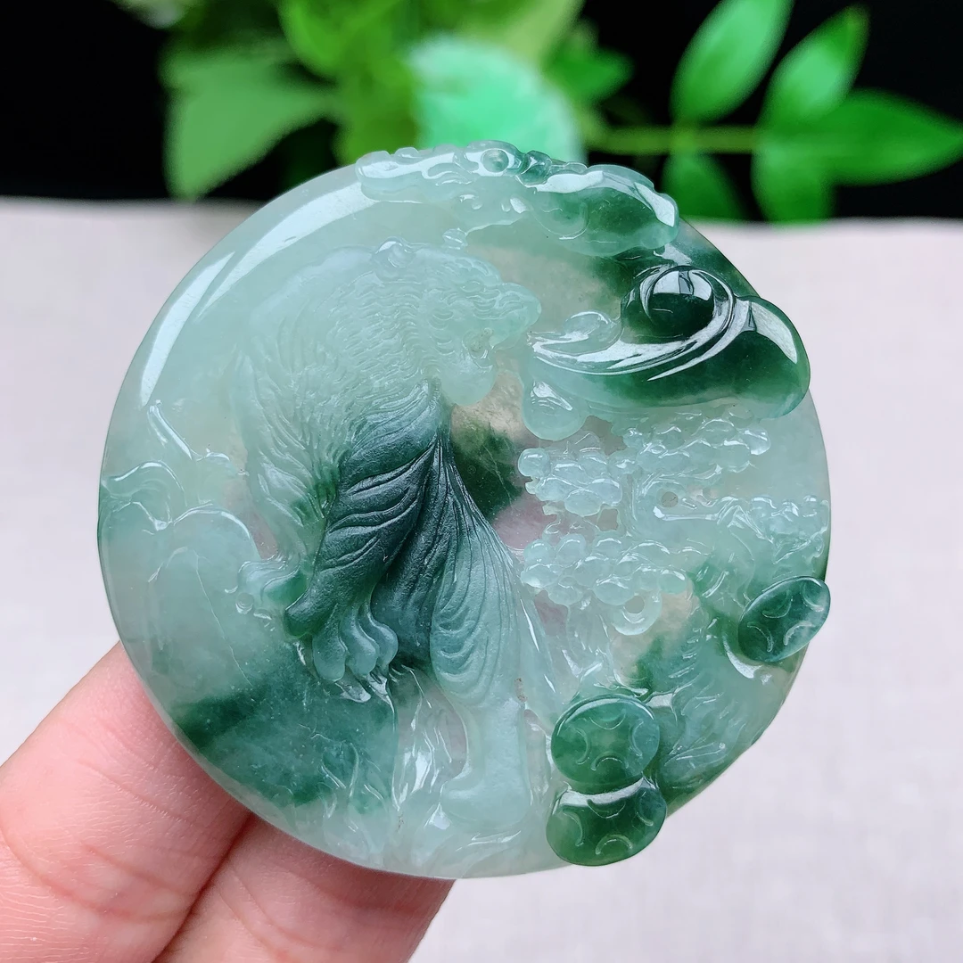 t缅甸天然翡翠A货53.6-5.8玉石冰种飘花生肖老虎吊坠礼物仿古冰透