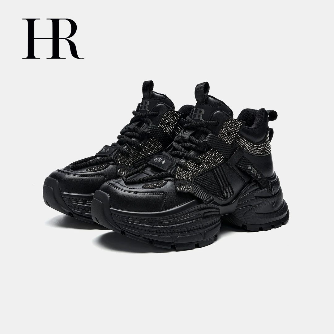HR/赫莲娜女鞋2025冬季新款老爹鞋加绒厚底水钻小众重工运动原创