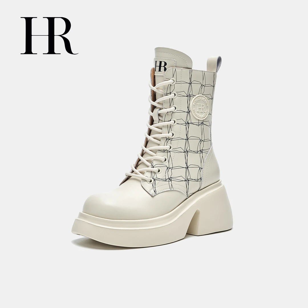 HR/赫莲娜女鞋2025秋季新款马丁靴英伦风厚底休闲原创白色短筒靴