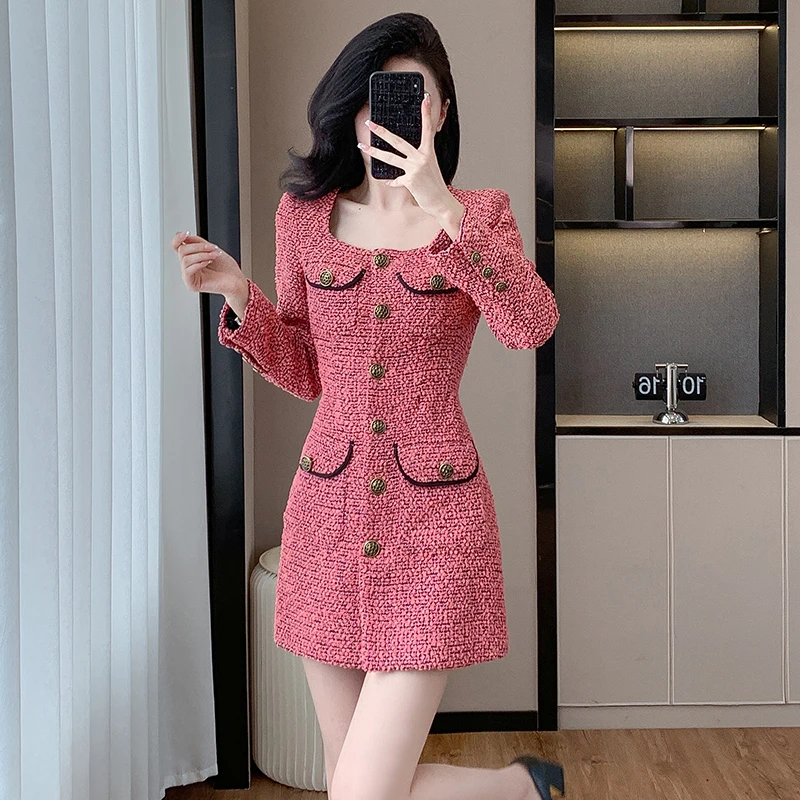 1720小夕2024小香风粗花呢高级名媛茶歇收腰气质裙子御姐风连衣裙