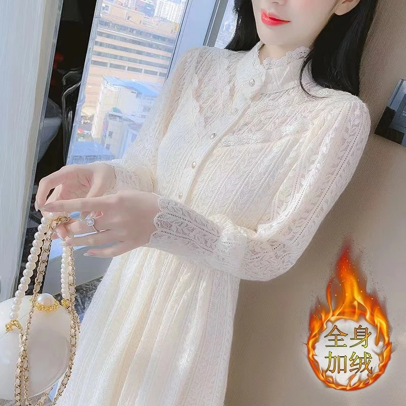 小夕9295新款温柔风贵妇蕾丝加绒加厚大衣打底裙连衣裙女秋冬长裙