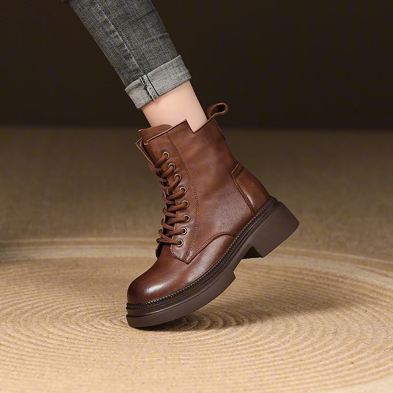 百搭复古系带马丁靴女2024秋冬季新款真皮厚底圆头粗跟英伦风短靴