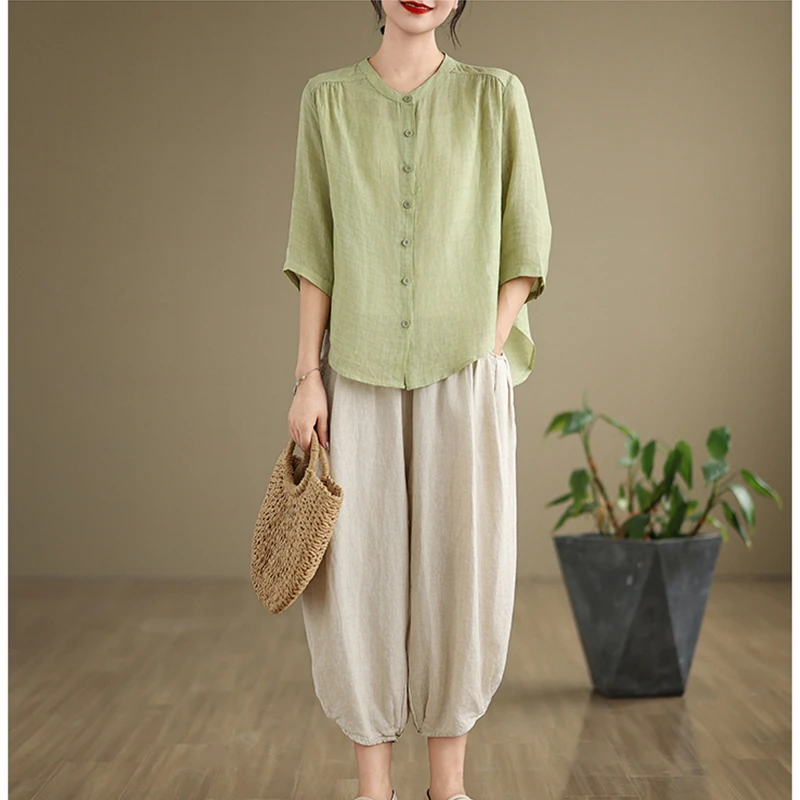 YX#【单/套装】【160斤可穿】时尚套装夏季休闲文艺衬衫哈伦裤DY9877