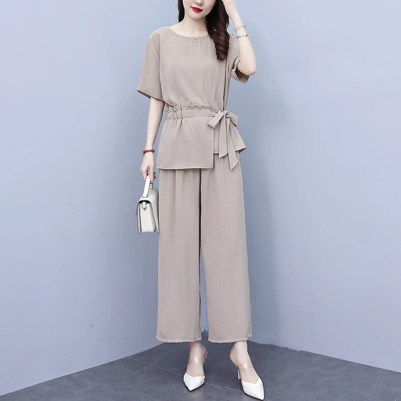 YX#【185斤可穿】时尚套装遮肚显瘦条纹阔腿裤两件套女DY5484