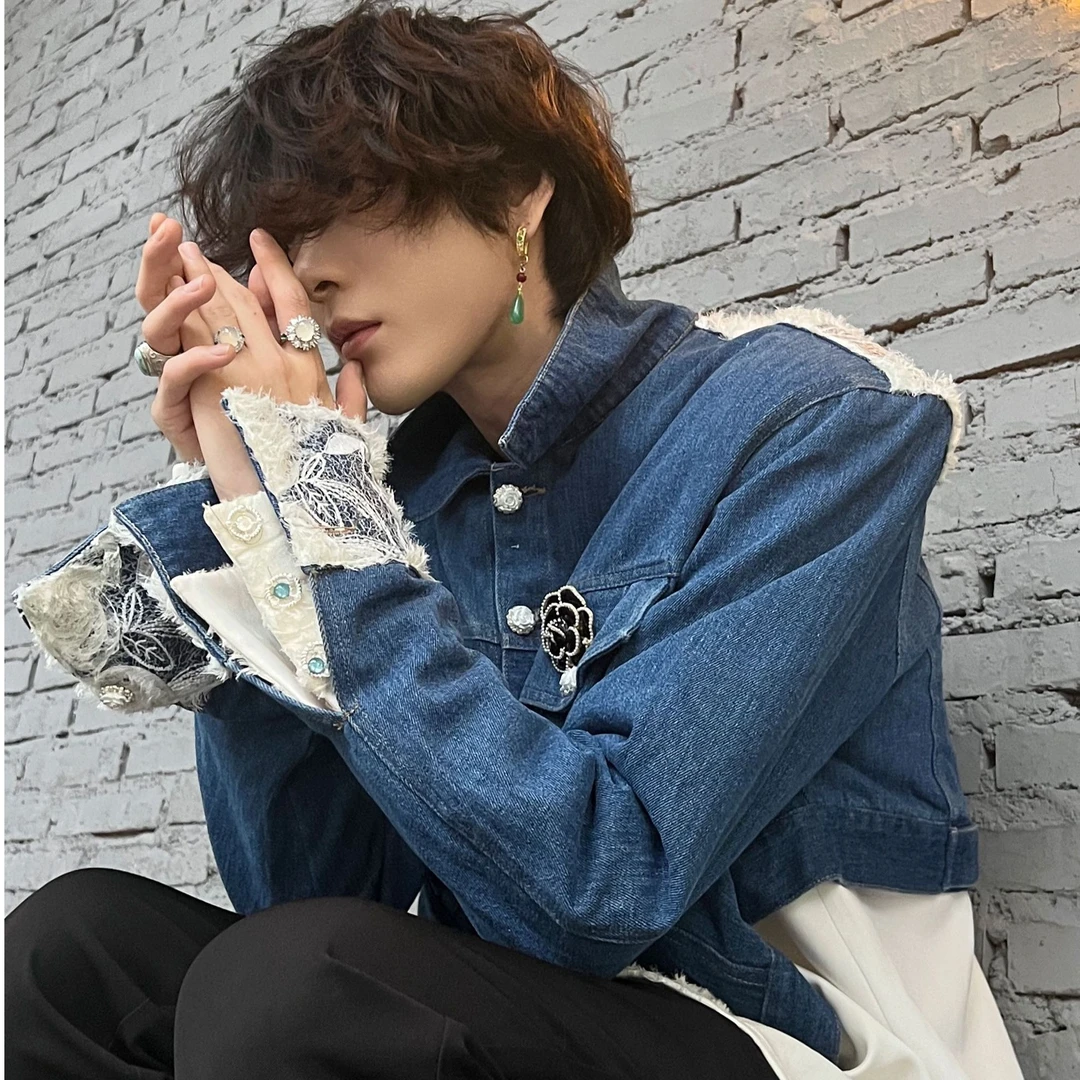 YUCGERX【青花】原创小众设计感宽松翻领短款盘花绣短款牛仔外套