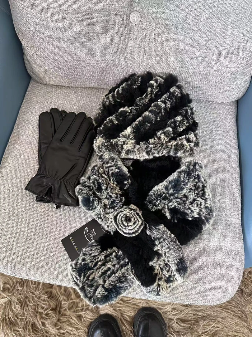 【三件套】獭兔毛帽子围脖羊皮手套女士三件套