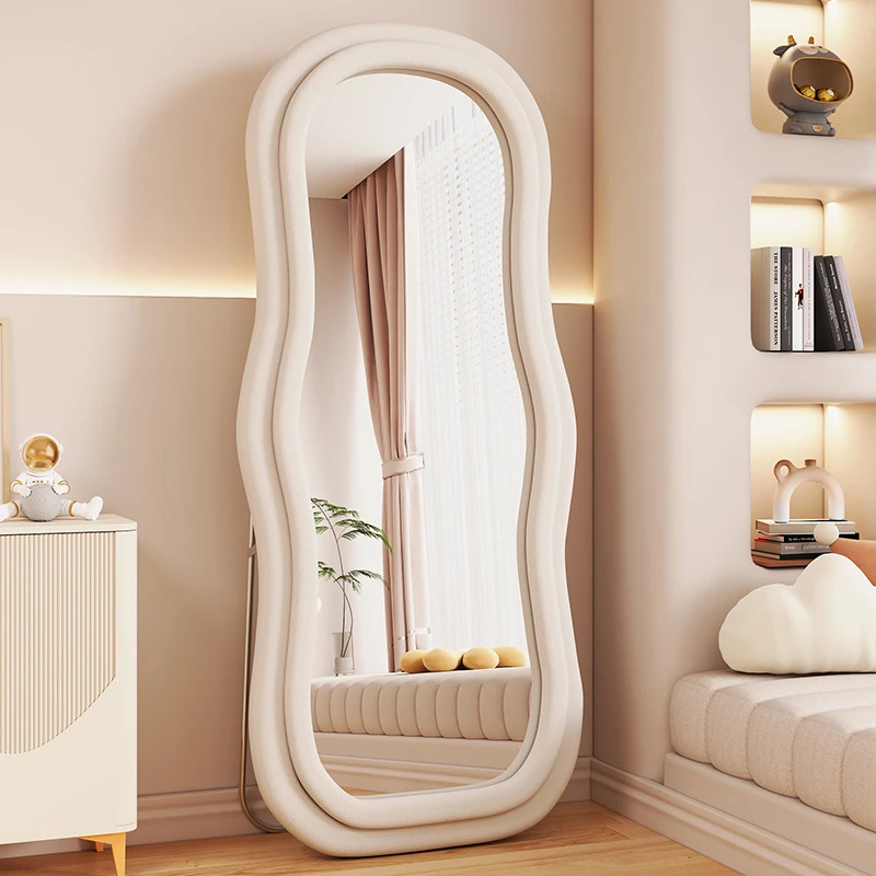 网红全身镜家用落地镜奶油ins风异形波浪穿衣镜女生卧室试衣镜子
