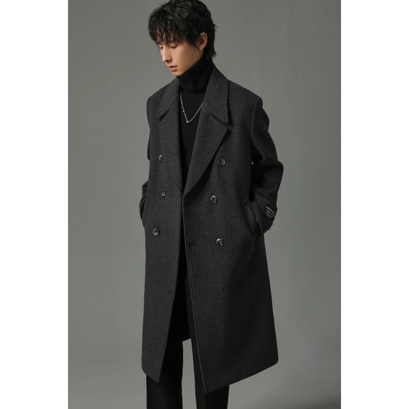 【袖标韩版】绵羊毛宽松大衣男士毛呢中长款加厚双面呢秋冬冬季时尚