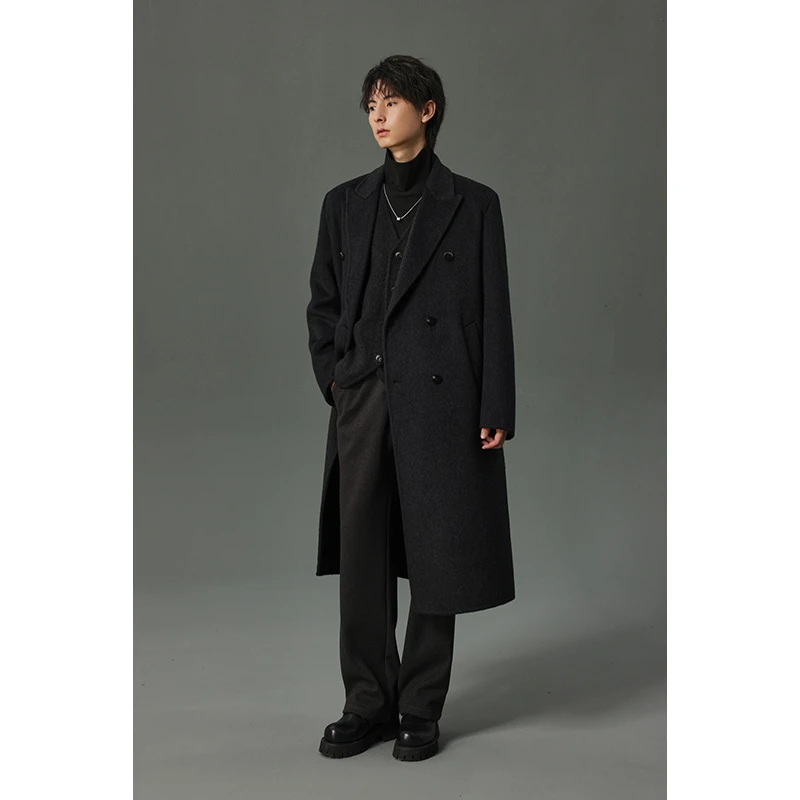【戗驳领双面绵羊毛】大衣男士黑色宽松毛呢中长款加厚过膝秋冬休闲
