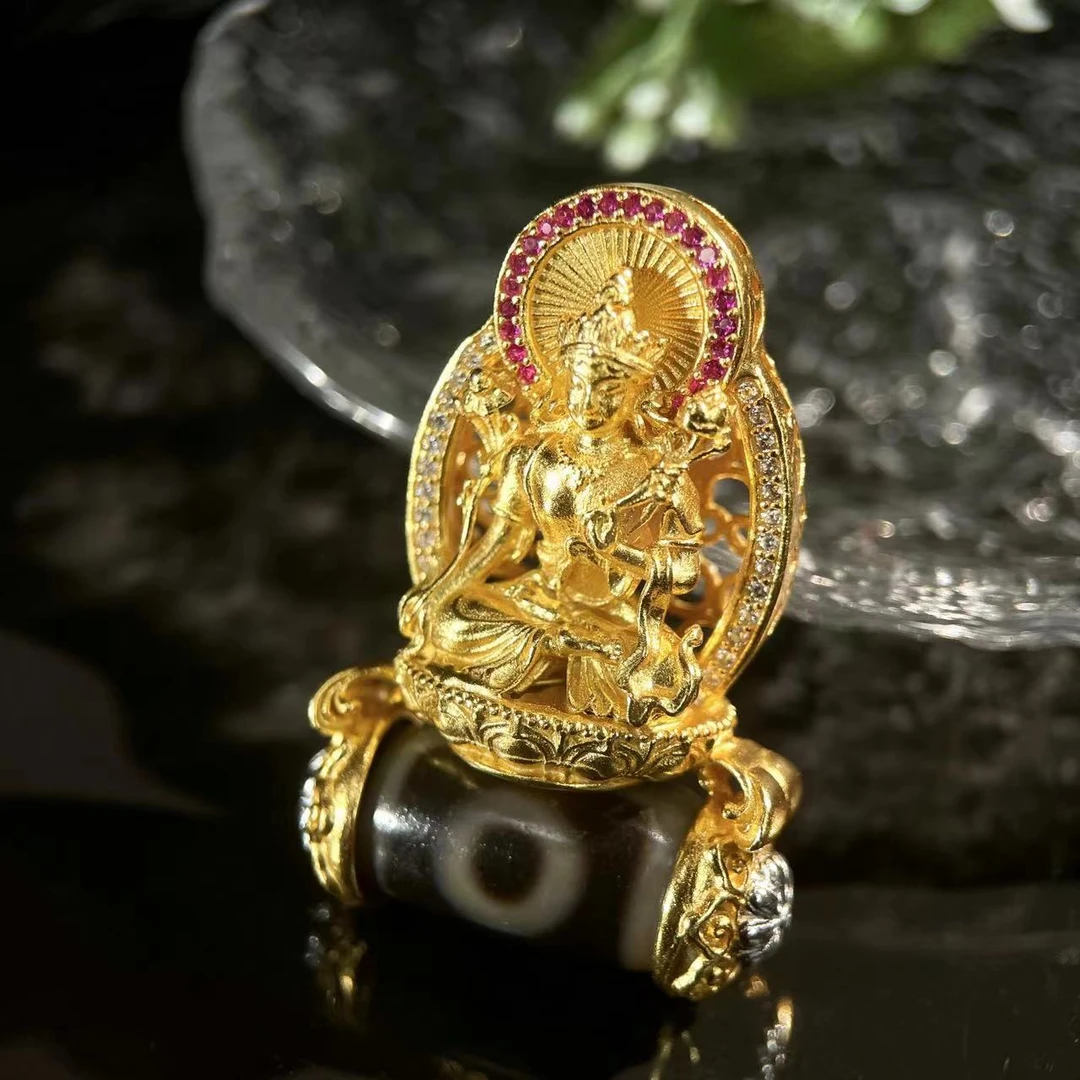 【四宝臻品】S925银精工镶嵌绿度母等尊像二眼玛瑙吊坠