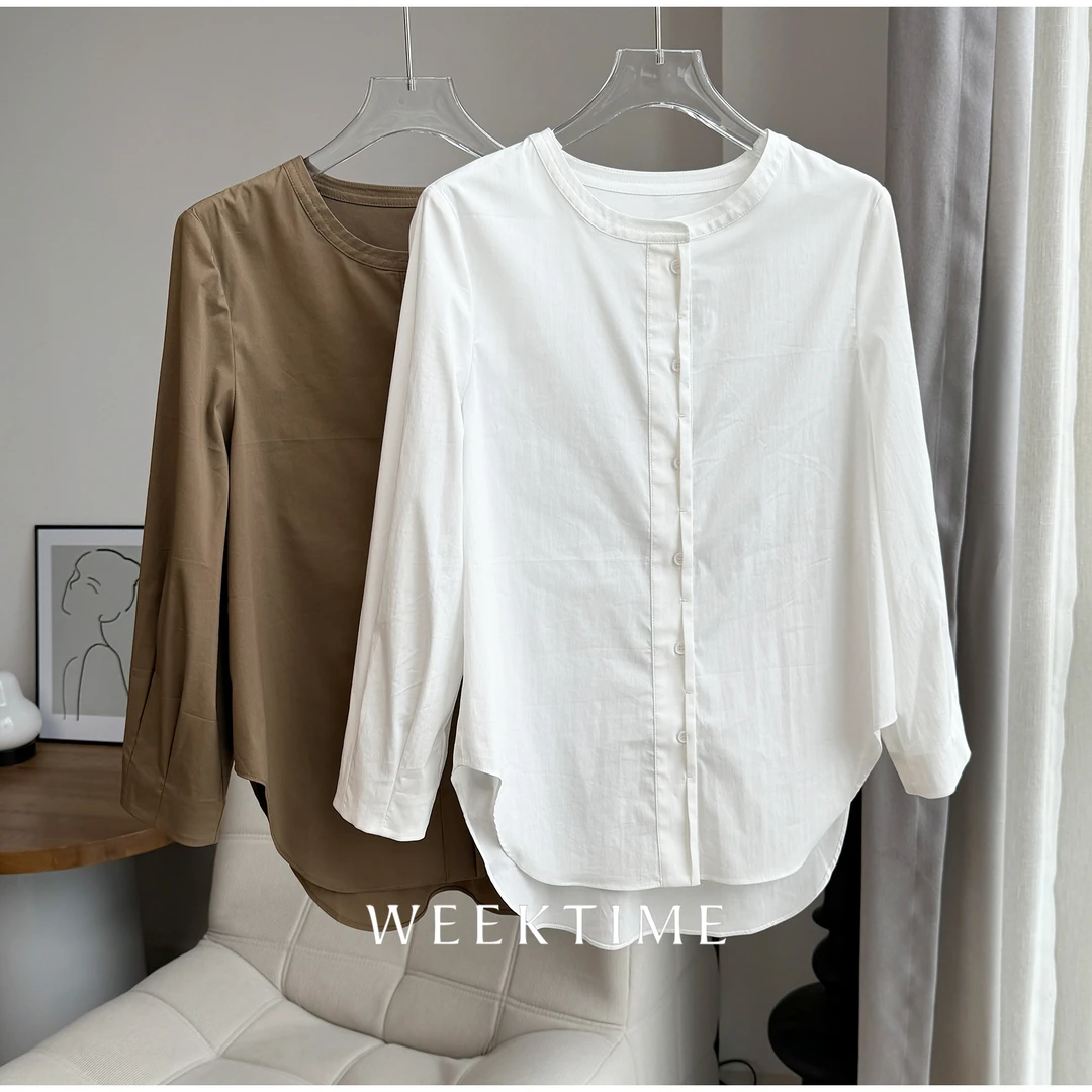 【拿铁牛奶】精致小圆领巨显瘦时尚休闲百搭衬衣