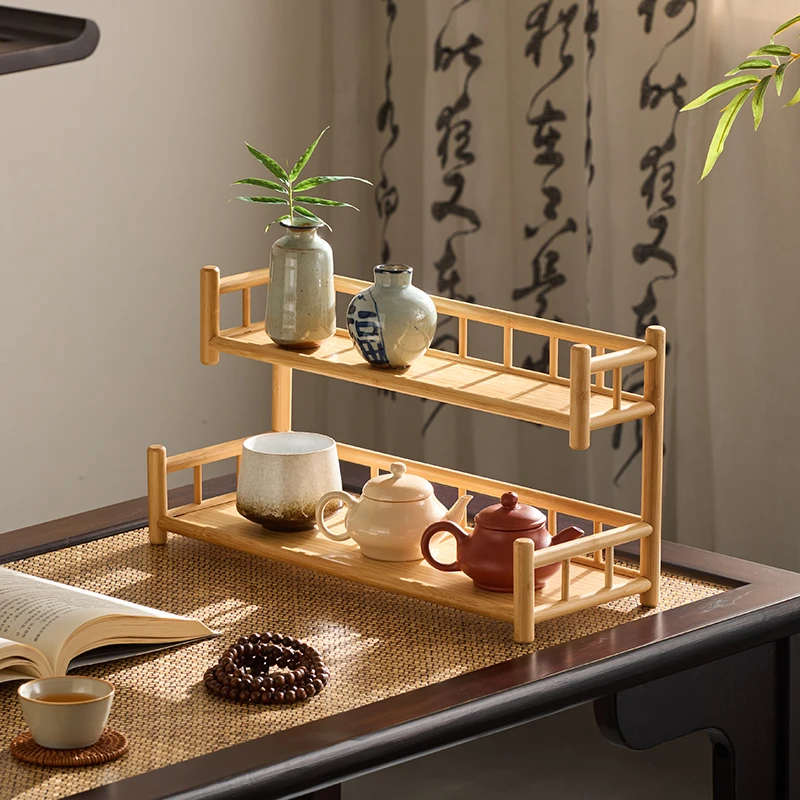 寄家桌面小博古架新中式置物架复古茶杯收纳架子紫砂壶摆件茶壶架