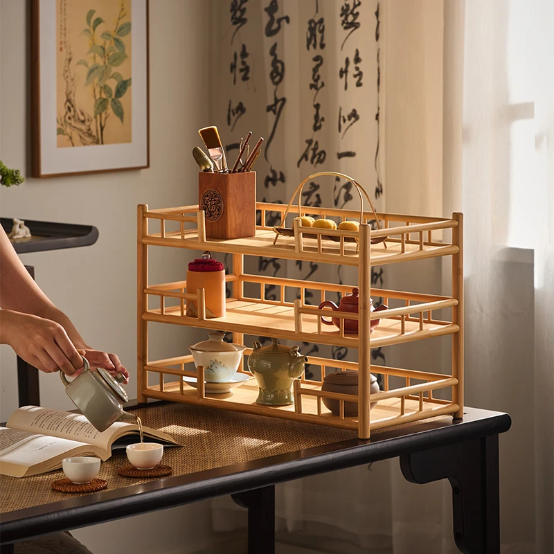 寄家桌面小博古架新中式置物架复古茶杯收纳架子紫砂壶摆件茶壶架