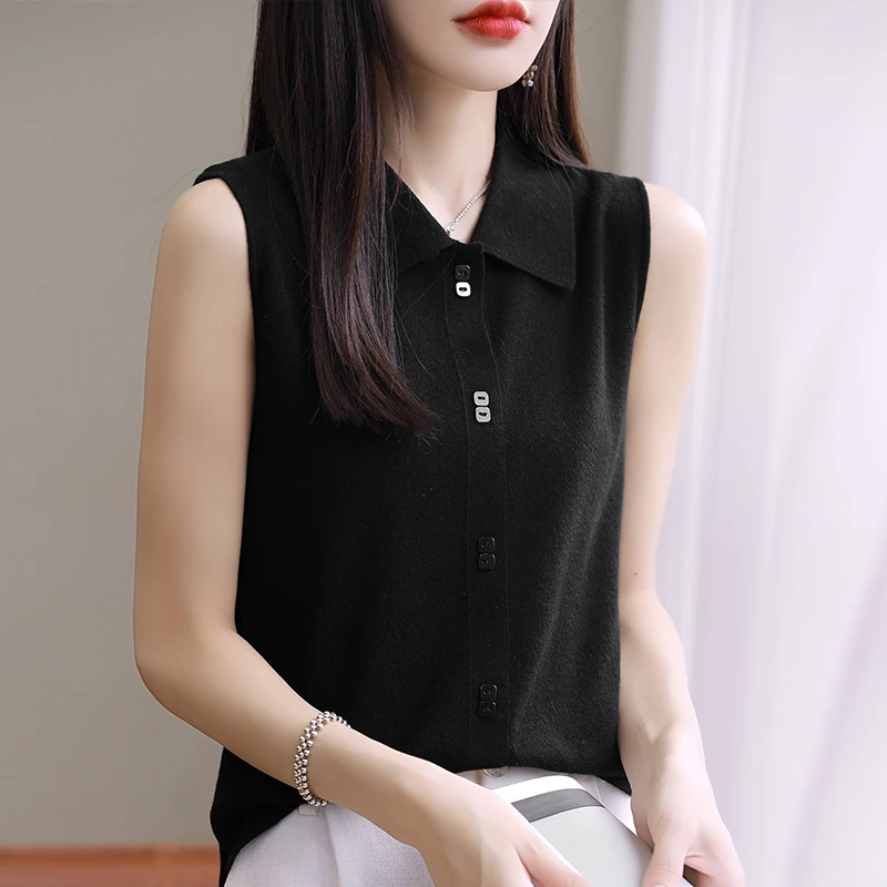 春秋新款POLO领精纺羊毛针织无袖T恤女宽松打底衫纯色内搭上衣