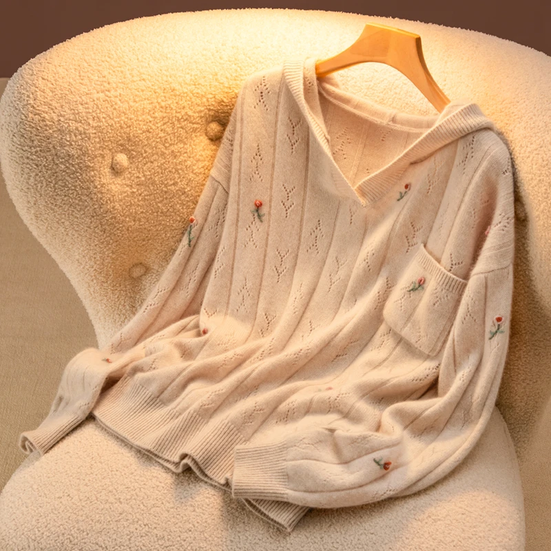 山羊绒衫女连帽绣花羊绒外套气质钩花毛针织衫秋冬毛衣宽松