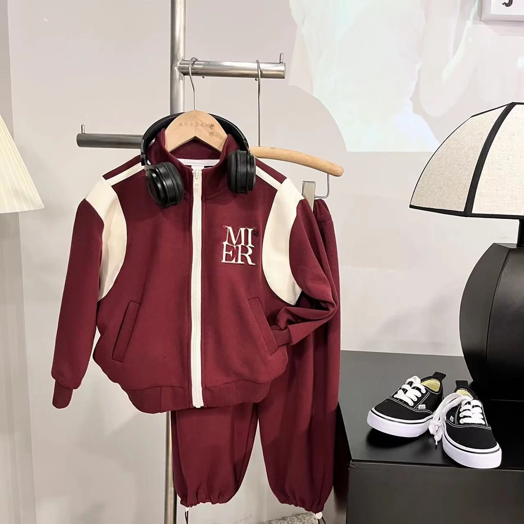 【现货】春秋童装儿童拼色美式复古风长袖卫衣套装拉链运动1619