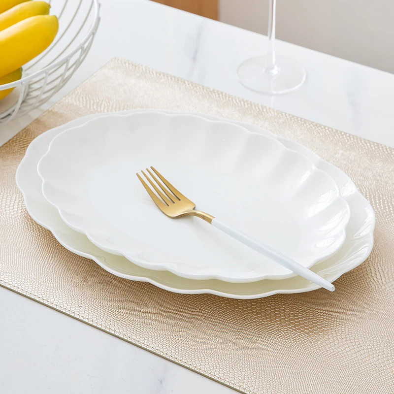 骨瓷白色鱼盘放鱼装鱼花边盘子家用可微波陶瓷鱼盘