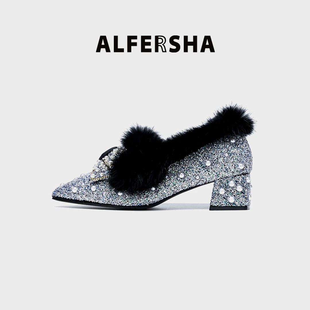 阿芙莎手工鞋5671新款气质百搭尖头蝴蝶结粗跟单鞋