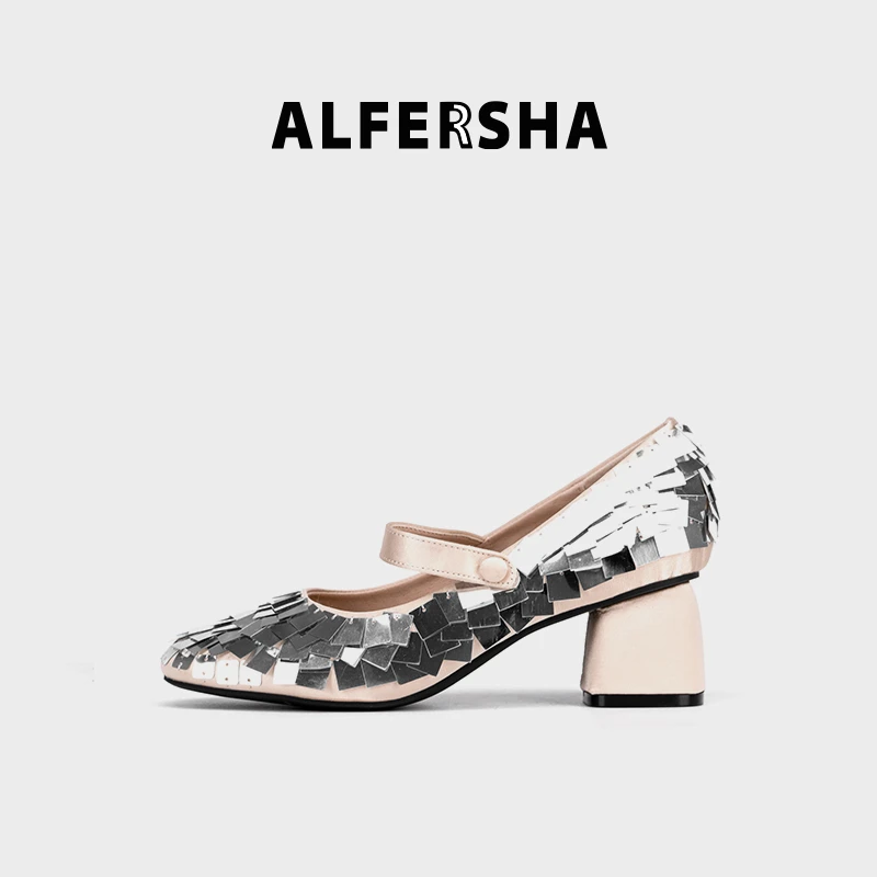 阿芙莎/ALFERSHA手工鞋10012夏季时尚鱼鳞粗跟气质包头时装凉鞋