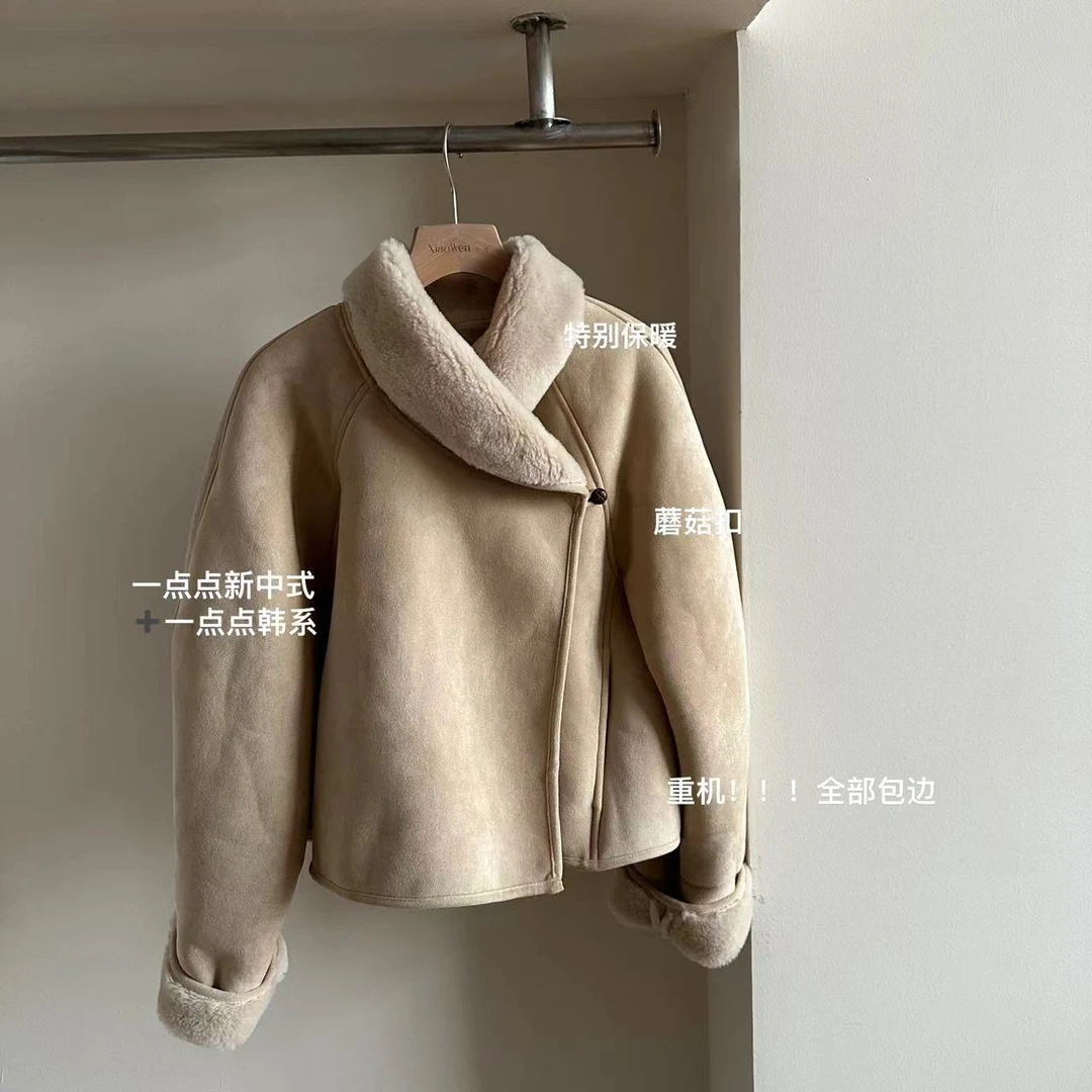 小文姐 W0708-冬季小翻领侧扣羊羔毛休闲百搭麂皮毛毛上衣外套